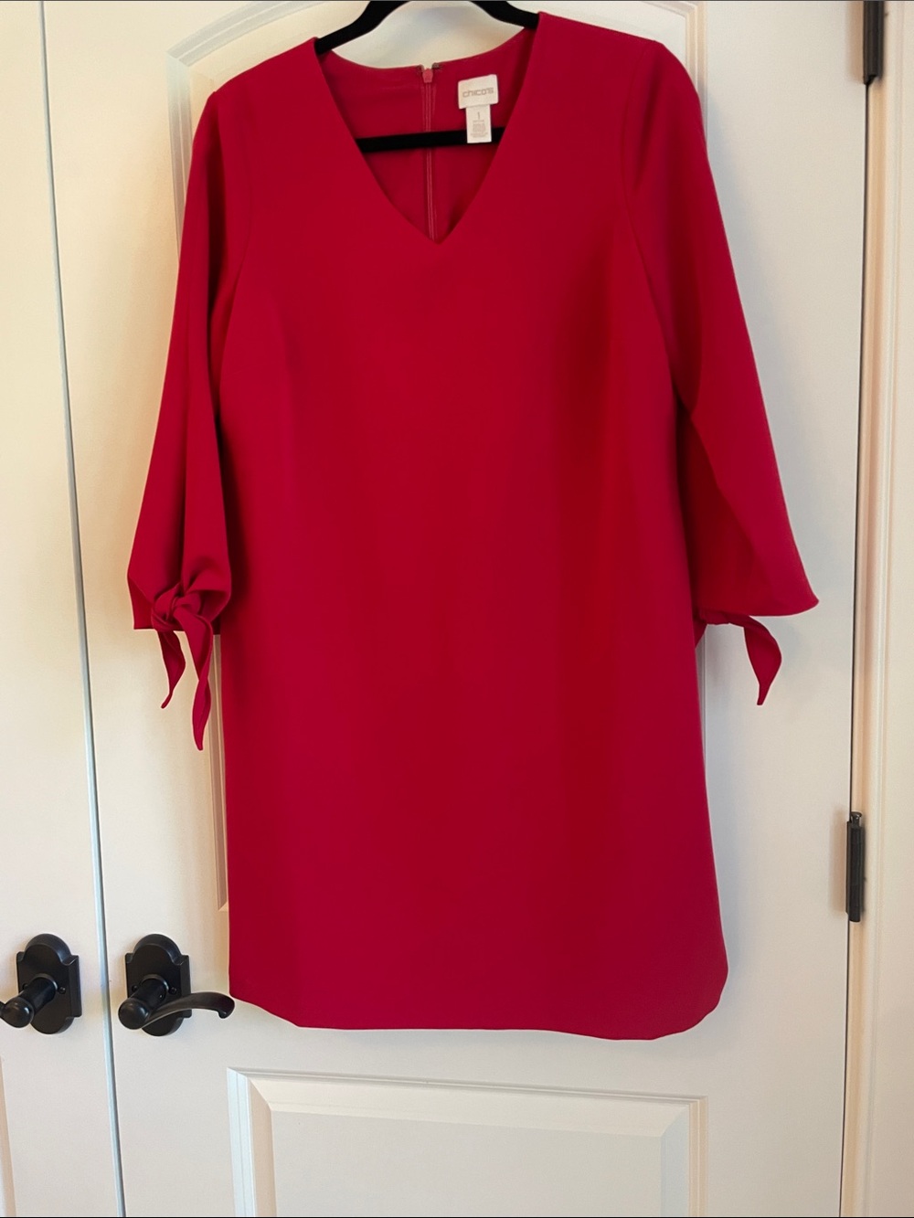 Chico’s Crescent Red V-Neck Tie-Sleeve Dress
